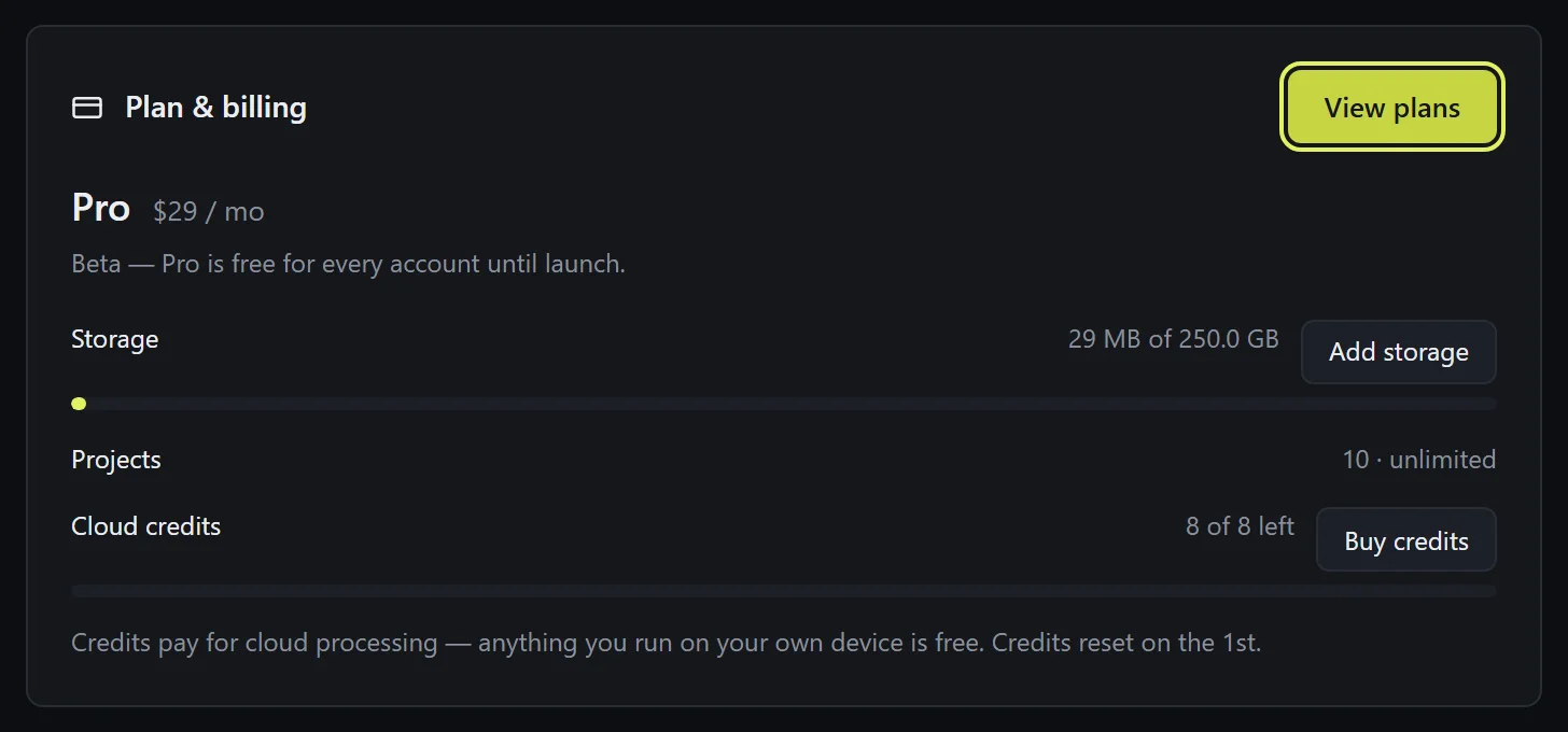 The Plan & billing card with the storage, projects, and cloud credit meters