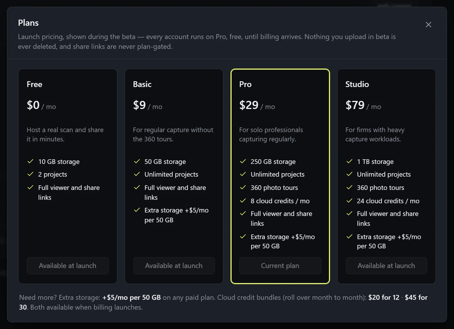 The Plans dialog showing the Free, Basic, Pro, and Studio tiers