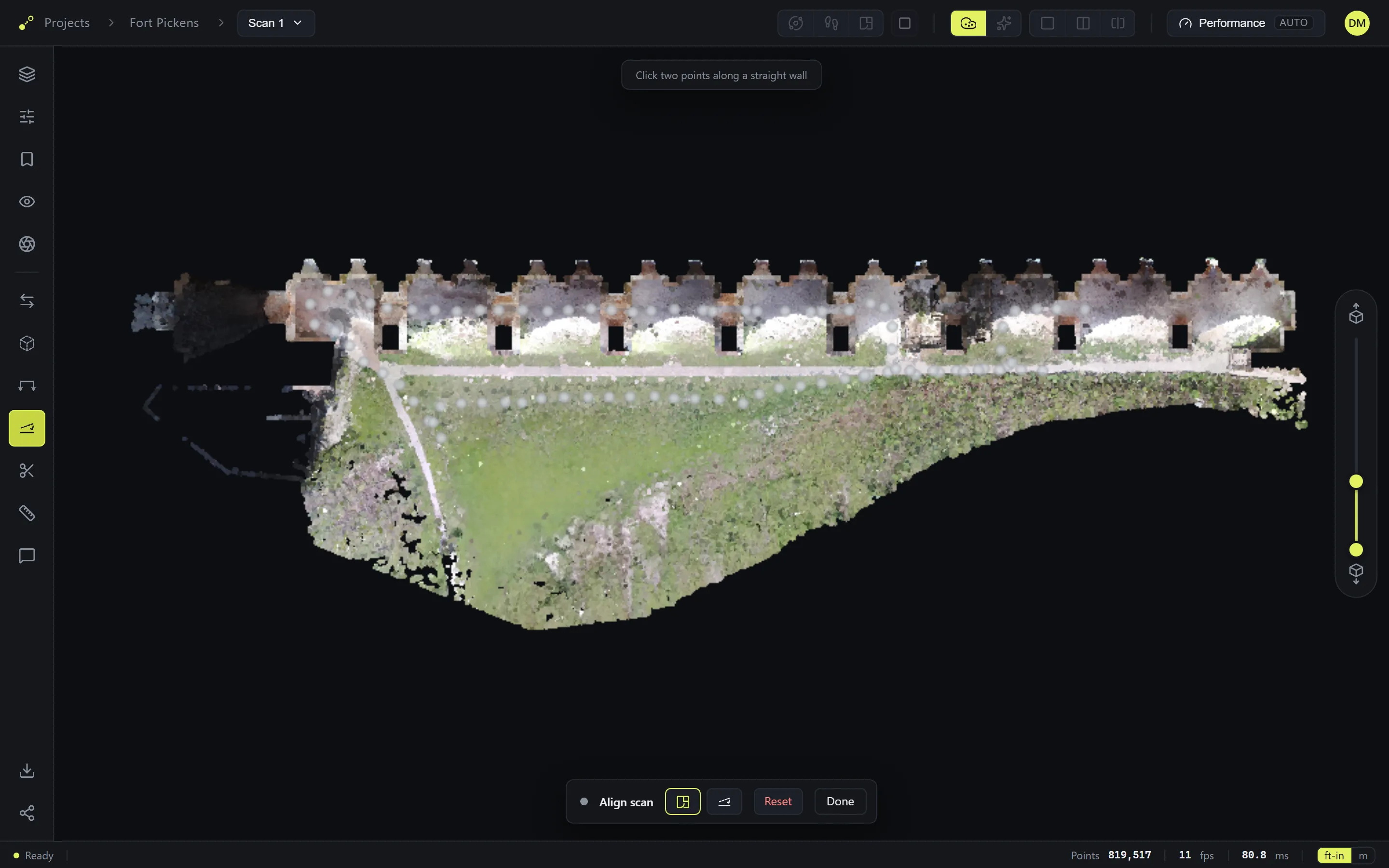 The Align scan tool in the plan: click two points along a straight wall