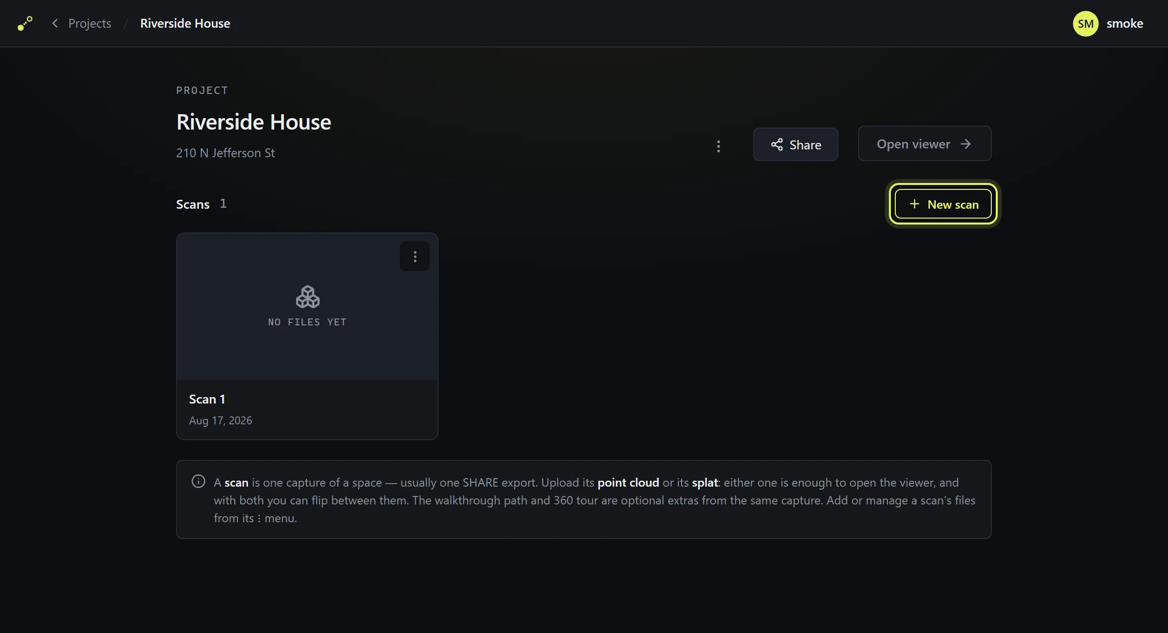 A project workspace with the New scan button highlighted
