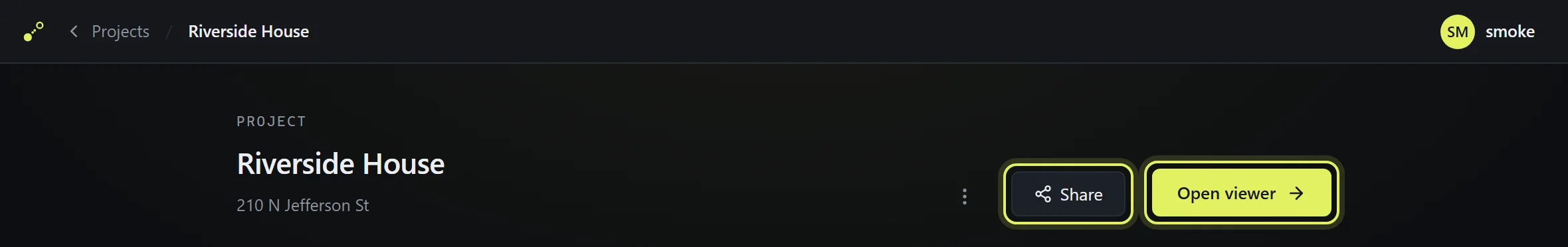 The project header with the Open viewer and Share buttons highlighted