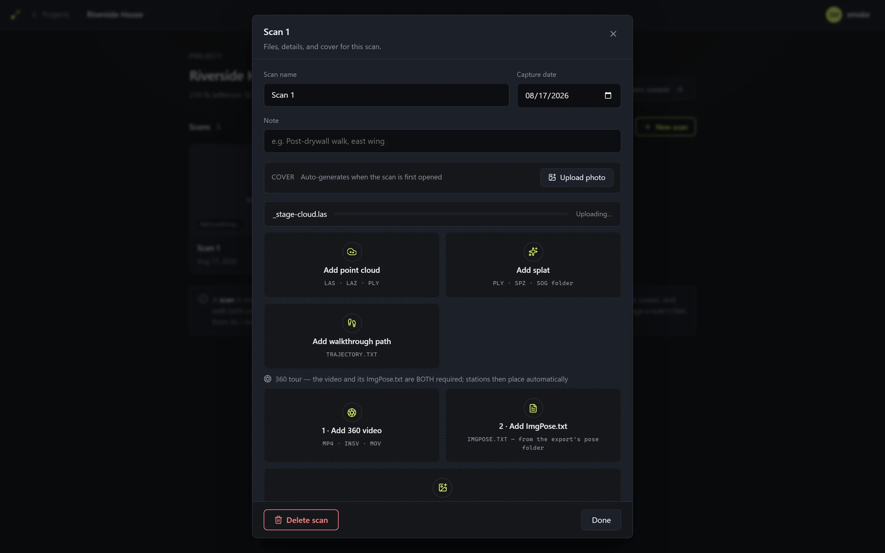The scan file dialog with an upload in progress on its file row