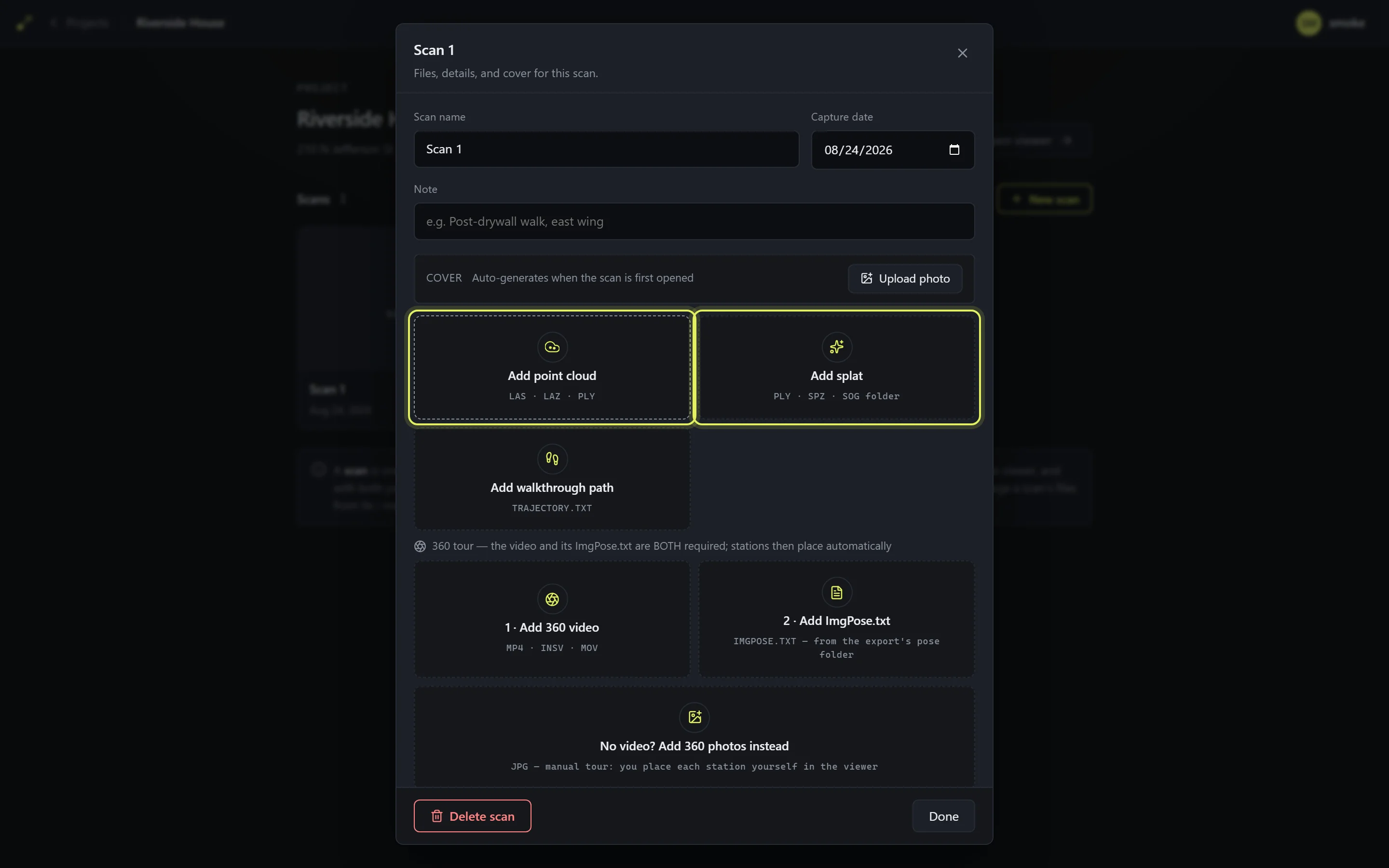 The scan file dialog with the point cloud and splat upload slots highlighted