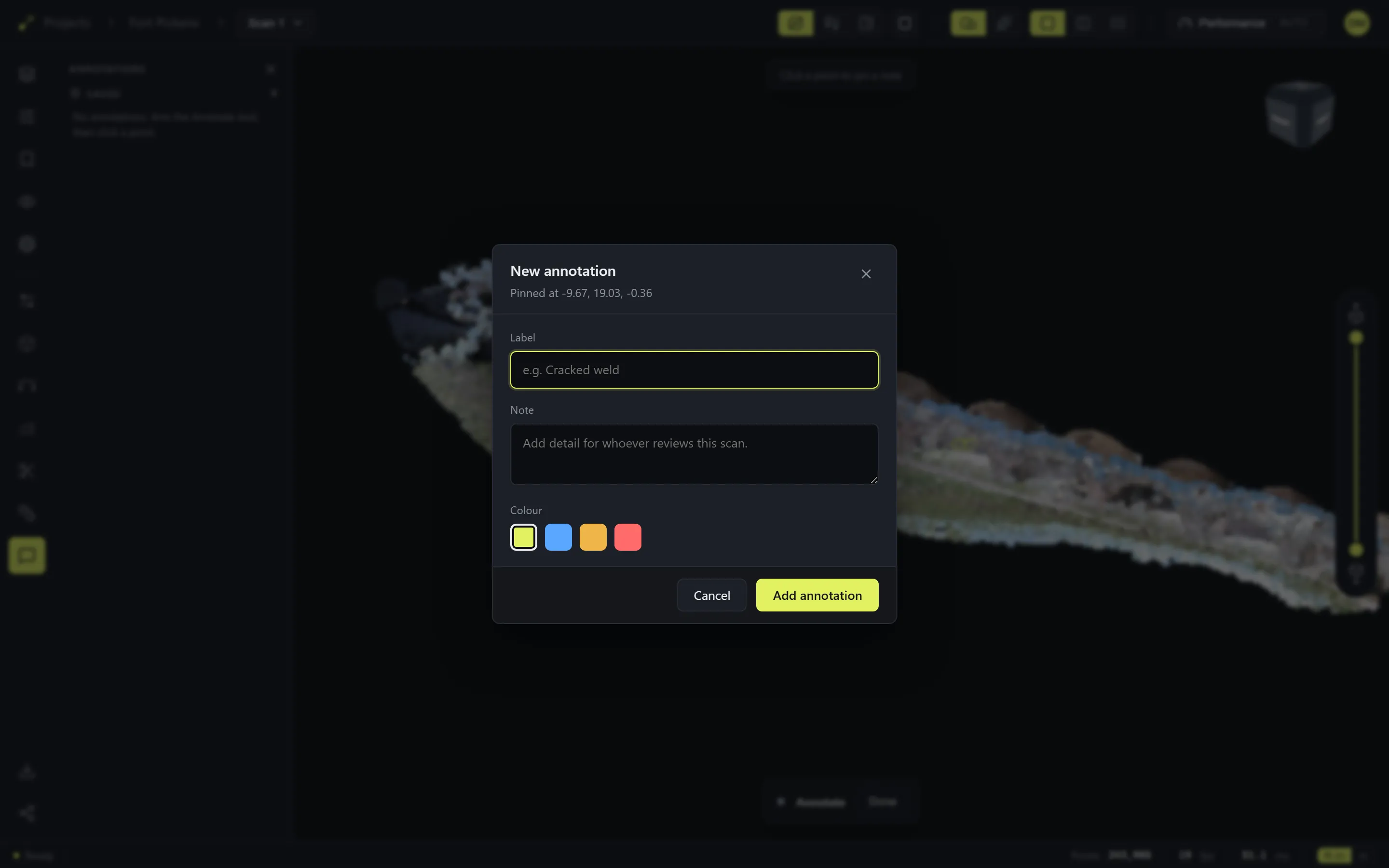 The New annotation dialog pinned to a point on the scan