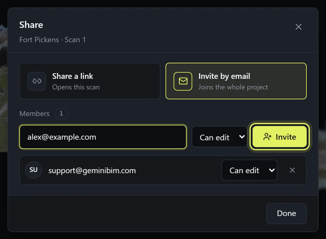 The Share dialog's Invite by email tab: an address entered, a role picked, and the Invite button highlighted