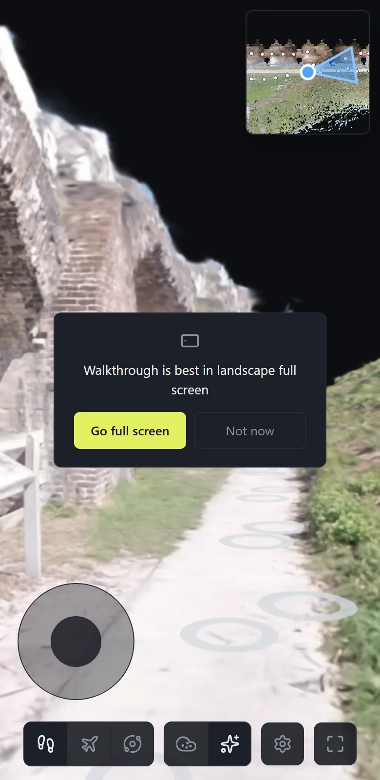 The phone share viewer: eye-level walkthrough with a joystick and corner map