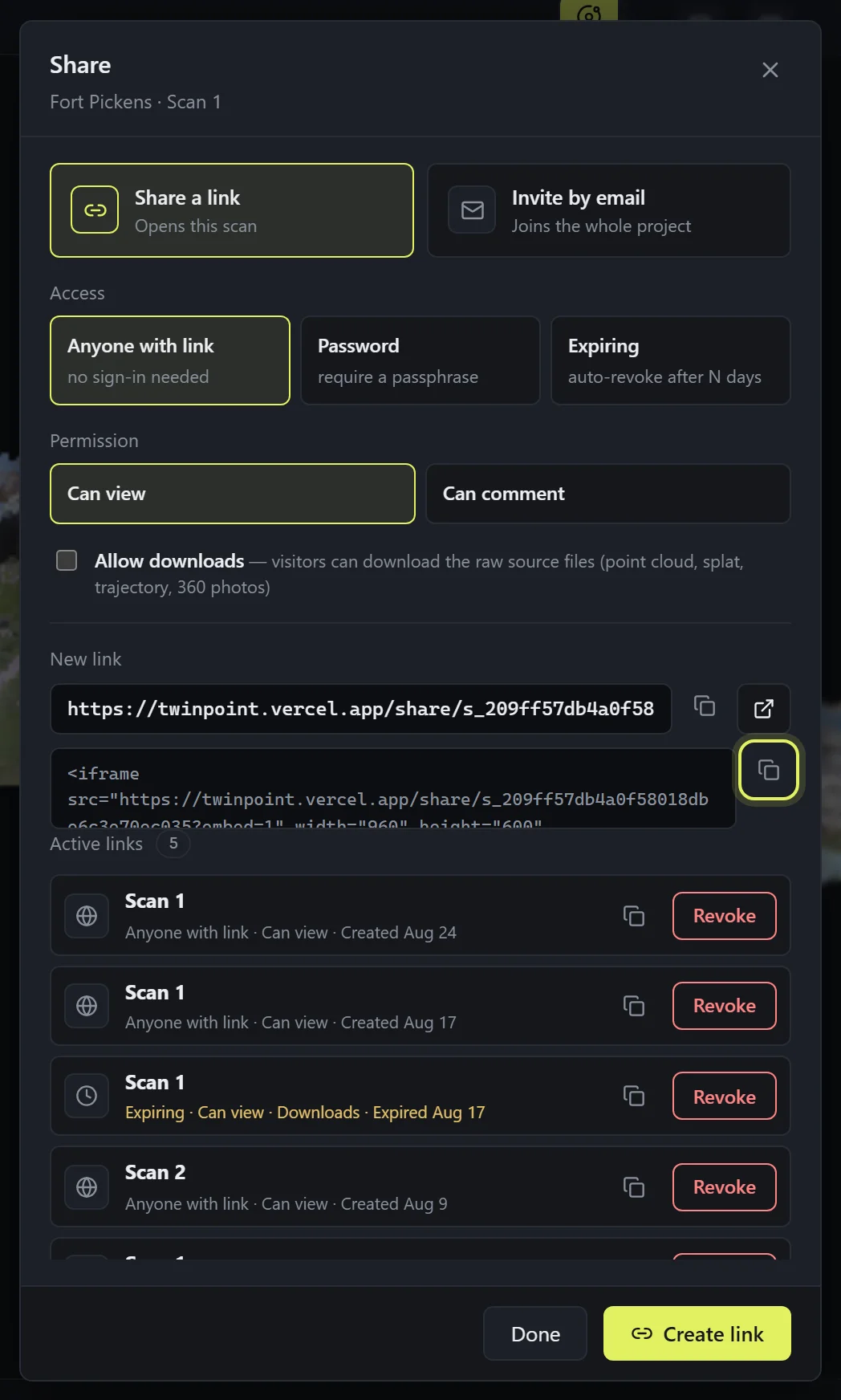 The Share dialog after Create link: the new link's URL with its copy buttons and the embed snippet