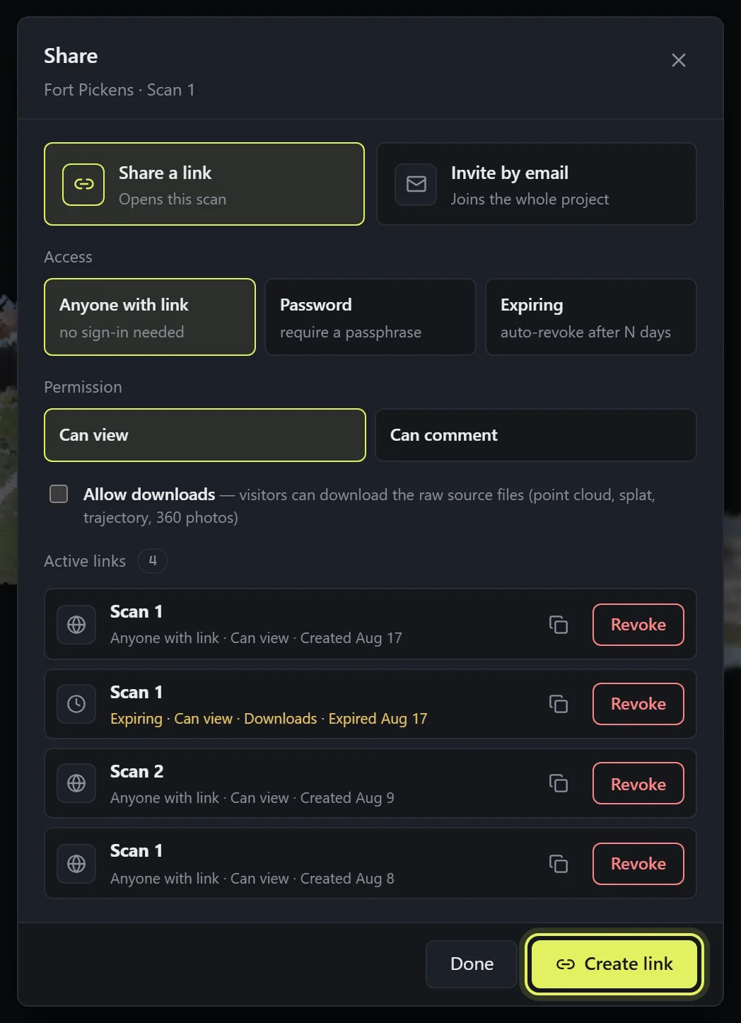 The Share dialog: access and permission options, the downloads toggle, and the list of active links