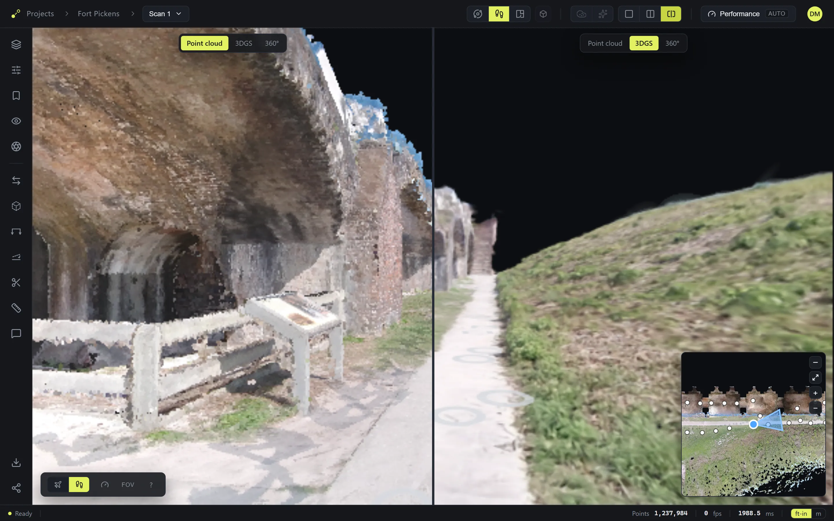 Curtain compare: the point cloud and splat split by a draggable divider