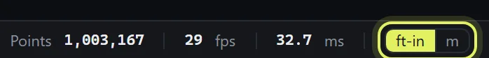 The status bar with the point count, frame rate, and unit toggle