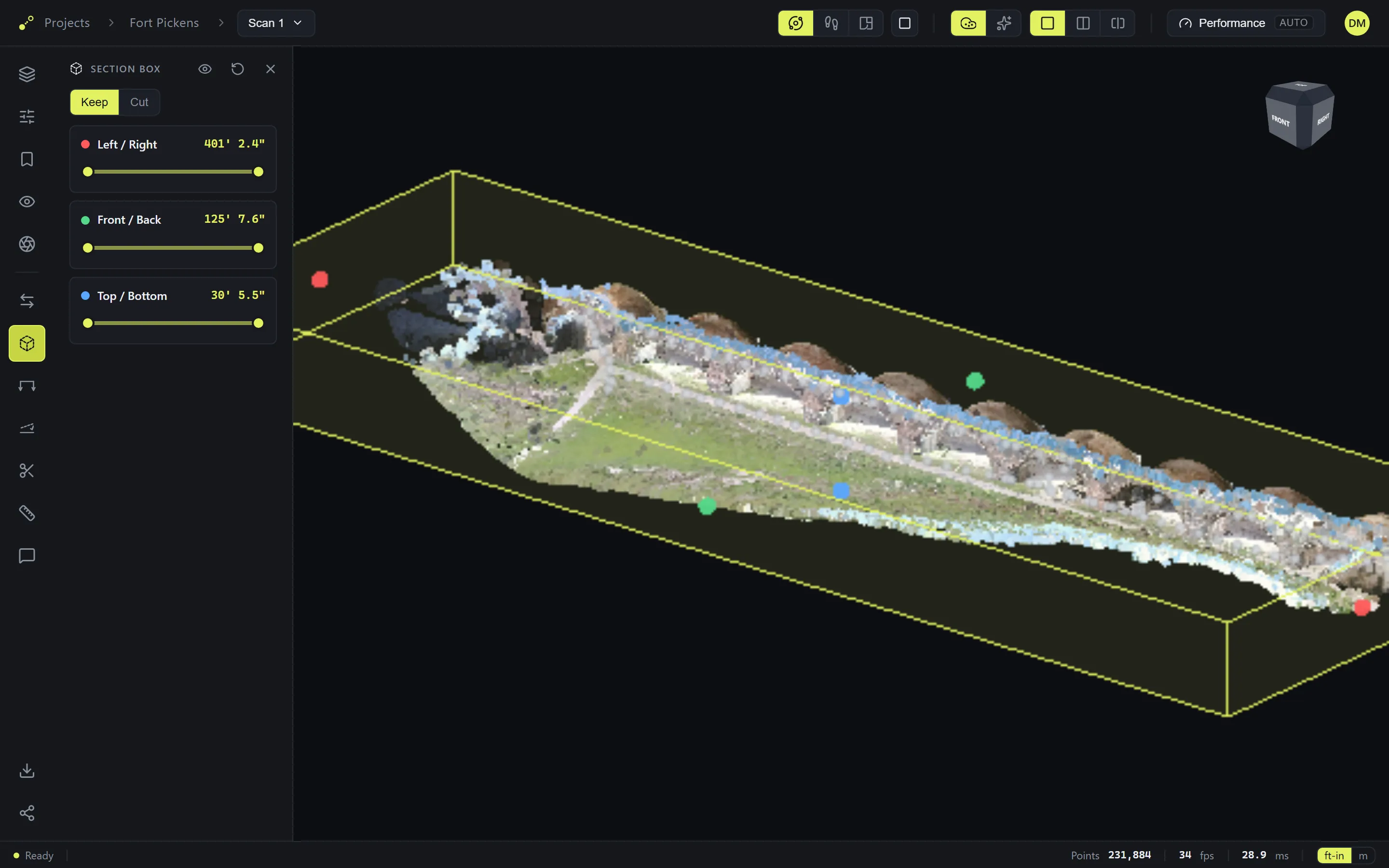 The section box around the scan with per-axis dimension sliders