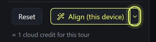 The bottom of the tour panel: Reset, the align button reading Align (this device), the mode arrow beside it, and the credit line for this tour