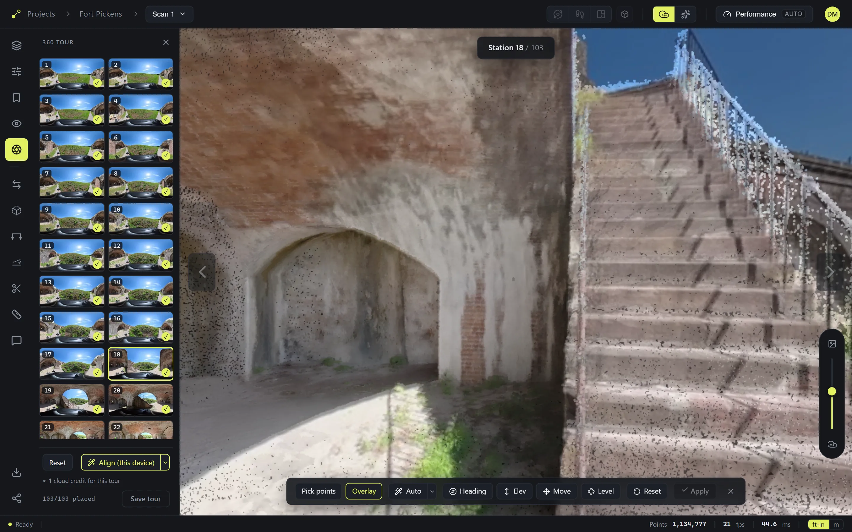 Overlay mode: the station photo ghosted over the point cloud, with the align bar below