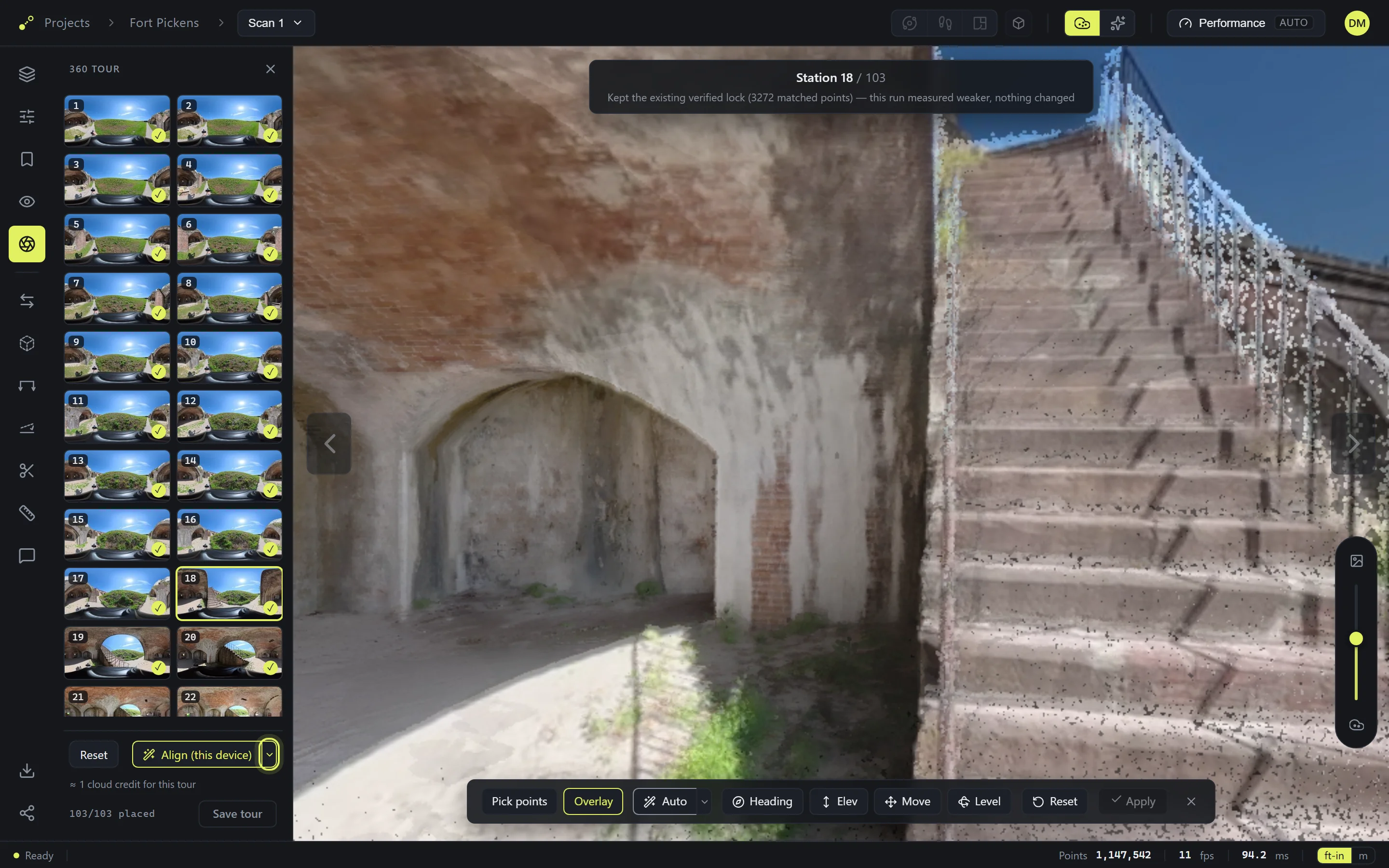 After Auto: the photo ghosted over the model in Overlay, the tile marked verified, and the line at the top reporting the matched points