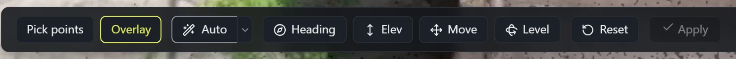 The Overlay align bar: Pick points, Overlay, Auto with its method arrow, Heading, Elev, Move, Level, Reset, Apply