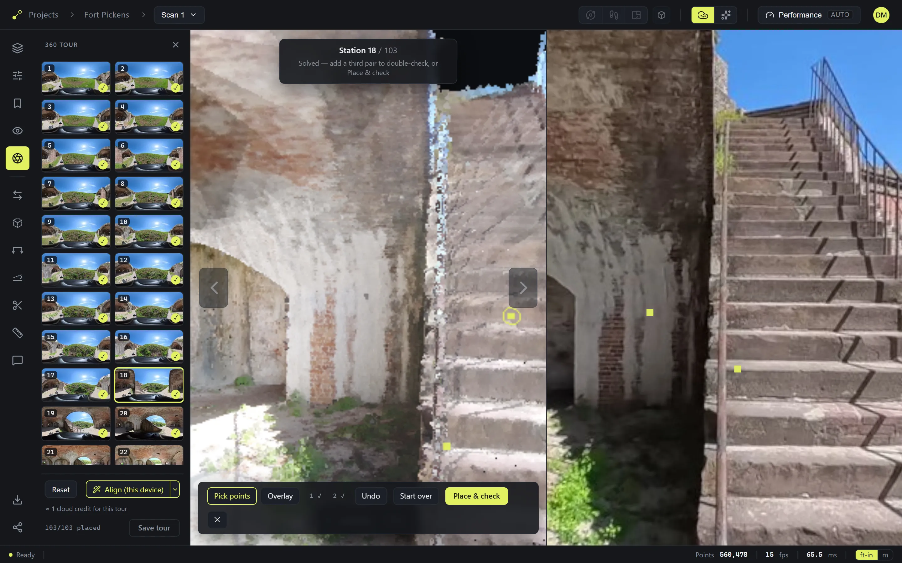 Pick points mode: the model on the left, the station photo on the right, picking matching features