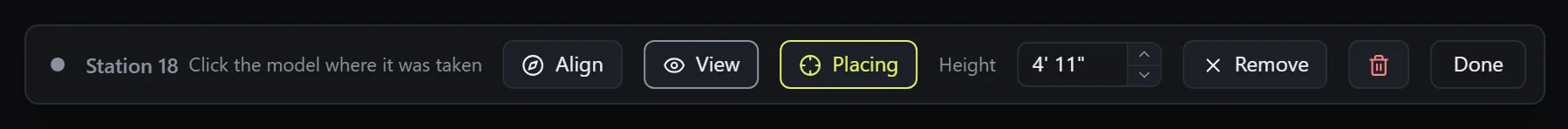 A station's bar in Place mode: Placing is lit, the Height field is set, and the bar says Click the model where it was taken