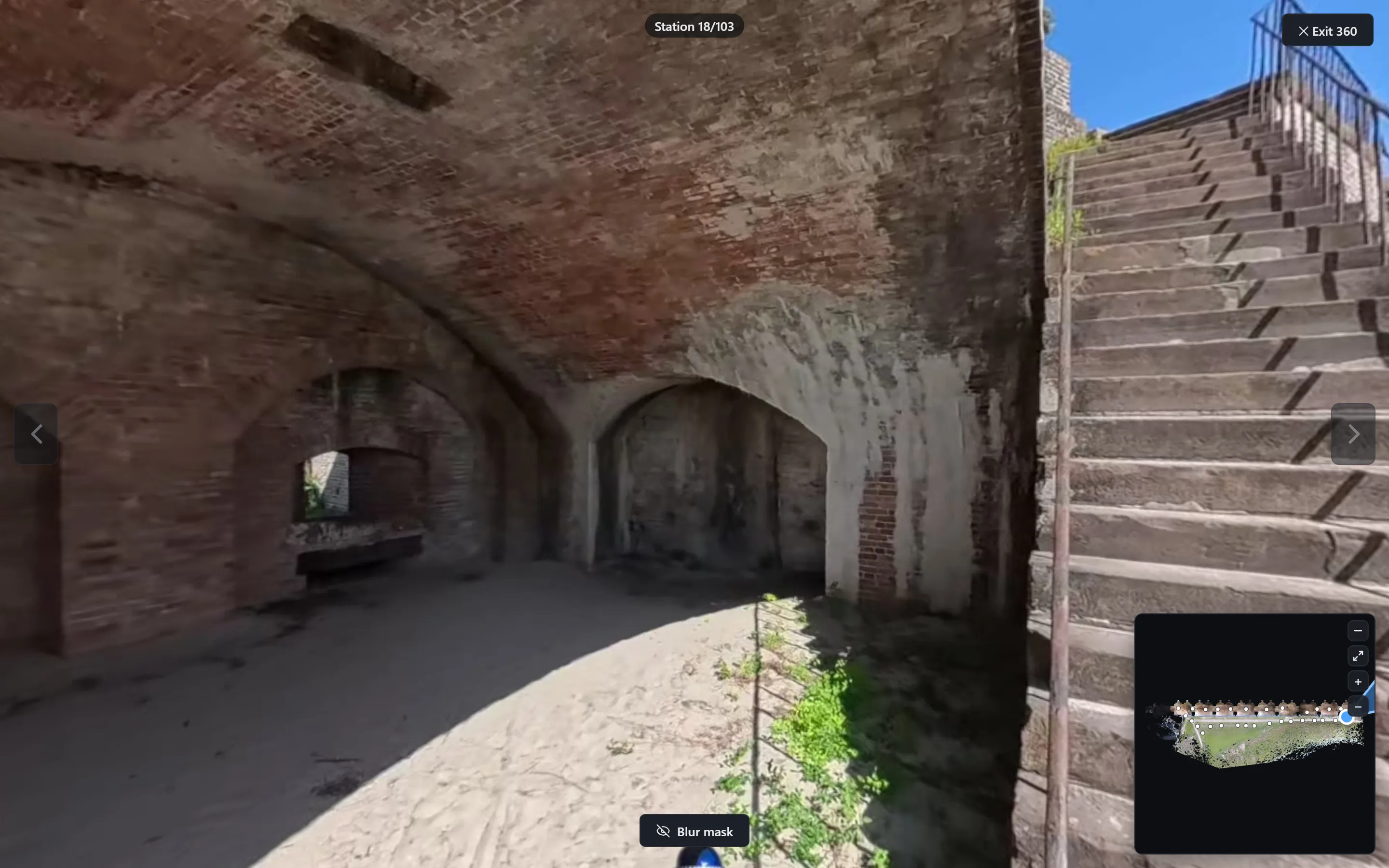 Standing inside a 360 station: the real photo with edge chevrons and the corner map