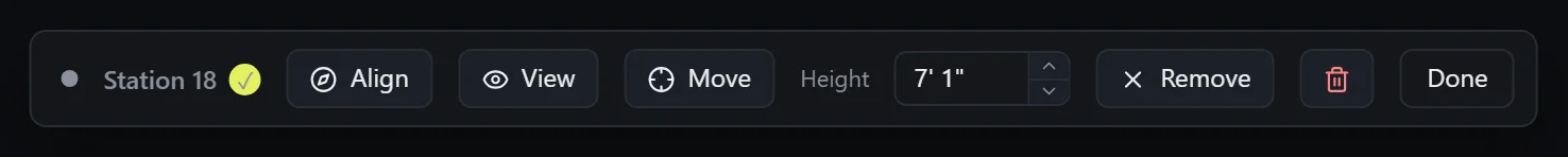A selected station's bar: Align, View, Move, Height, Remove, Done