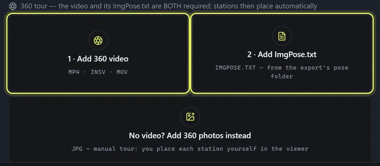 The 360 tour upload targets: the video and its ImgPose.txt