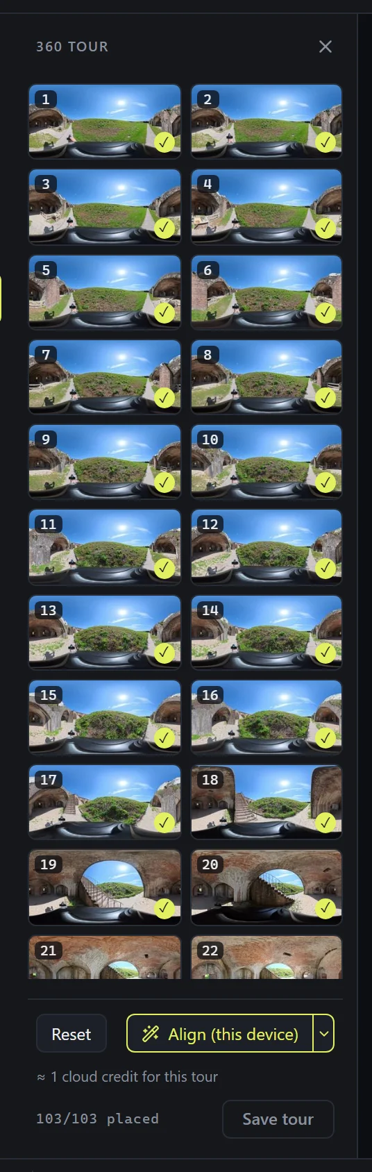 The 360 tour panel: the station grid with status badges, and the align controls at the bottom